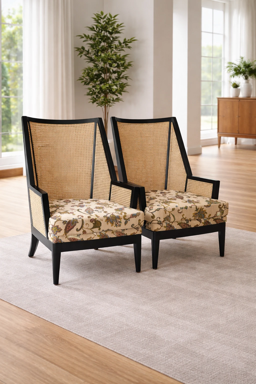 Cane Back Accent Chair Patterned Seat