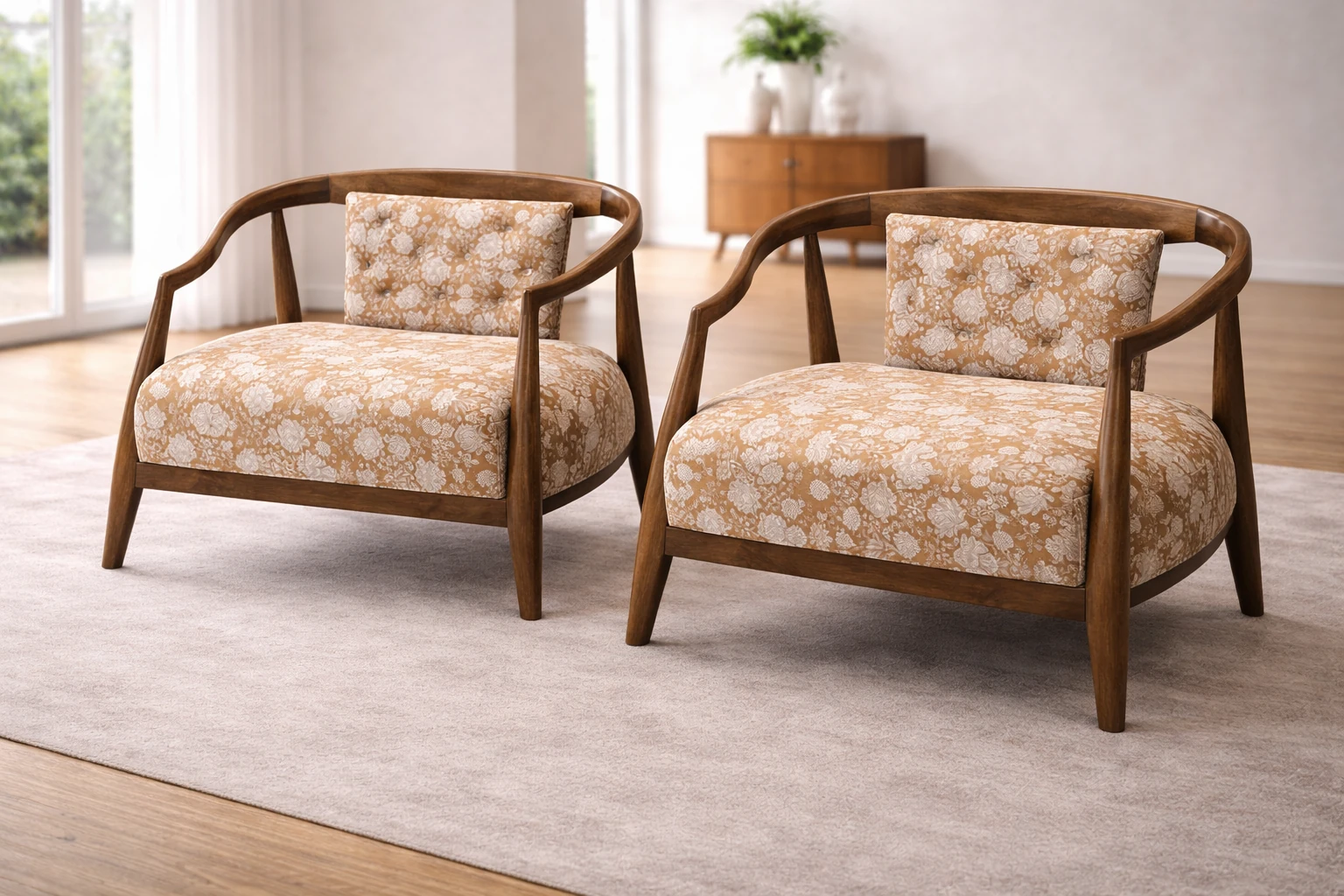 Wooden Lounge Chair Patterned Fabric